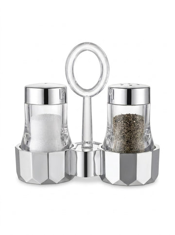 2pc Acrylic Salt & pepper Shaker Cruet Set | Chrome Stand