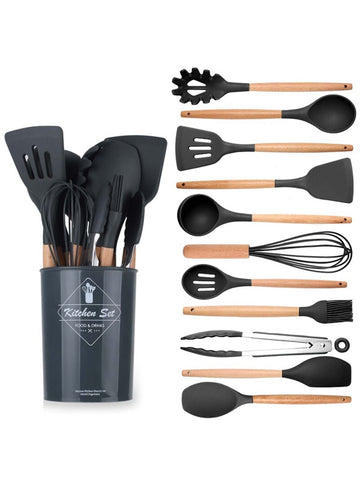 12-piece heat-resistant silicone cooking utensil set with wooden handles and Spoon Holder